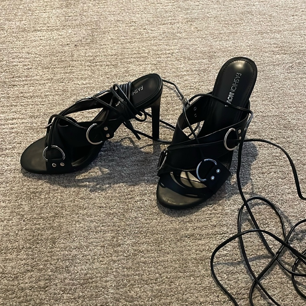 Black heels with wrap ties